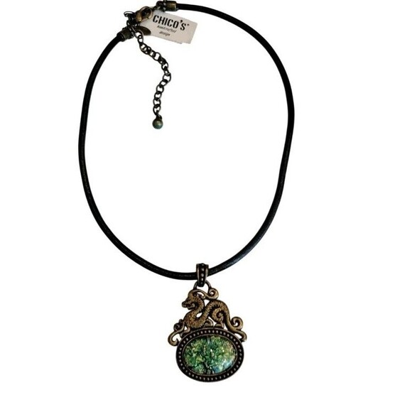 New Chico's Dragon On Faux Green Opal Pendant Brass Tone  LeatherNecklace 19" - Picture 1 of 5